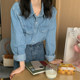 Korean style retro Hong Kong style loose casual versatile long-sleeved polo collar layered with blue denim shirt top for women