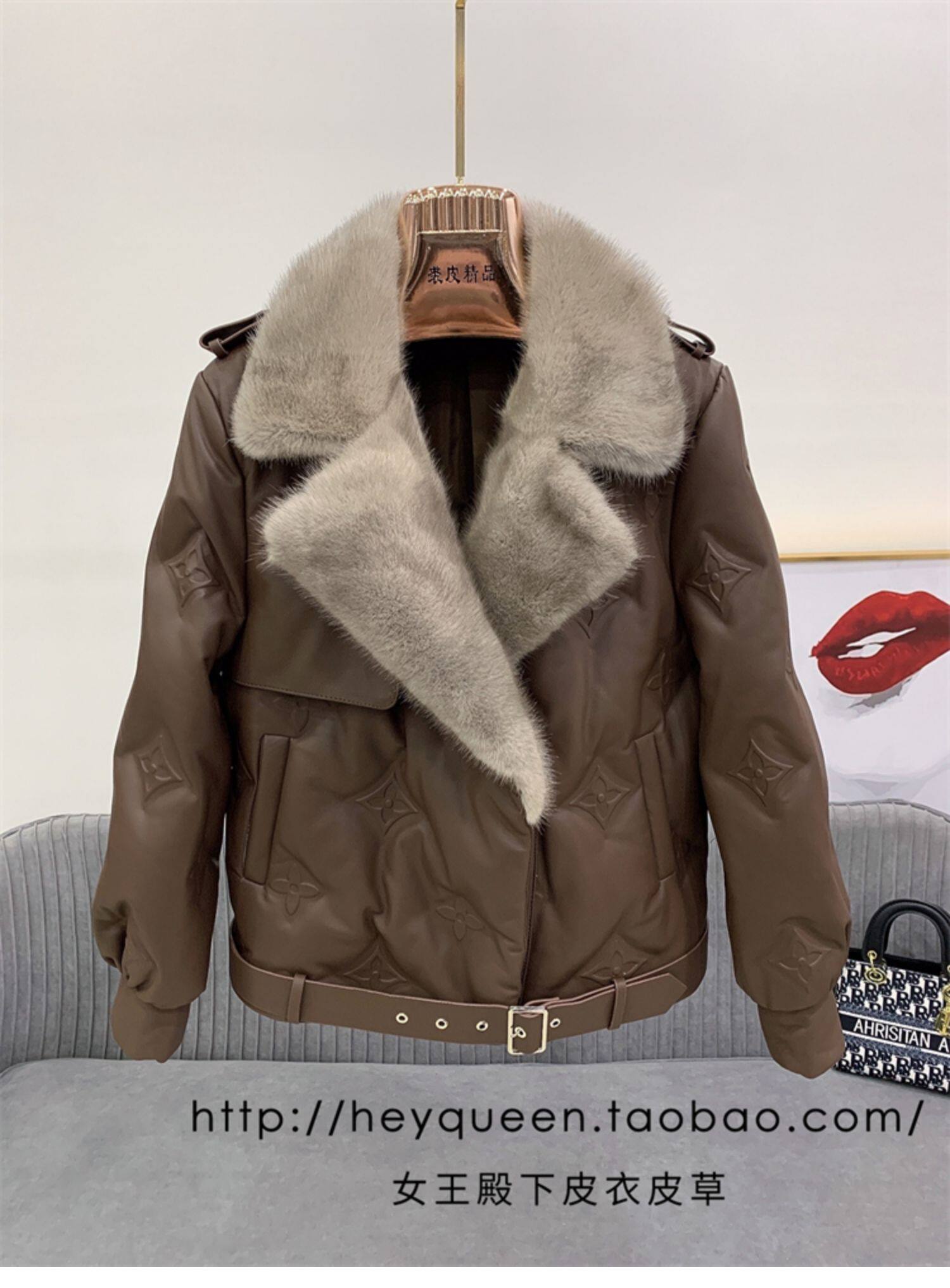 Кожаная куртка 2024年冬季新款真皮皮衣女短款羽绒外套加厚水貂毛领印花宽松显瘦