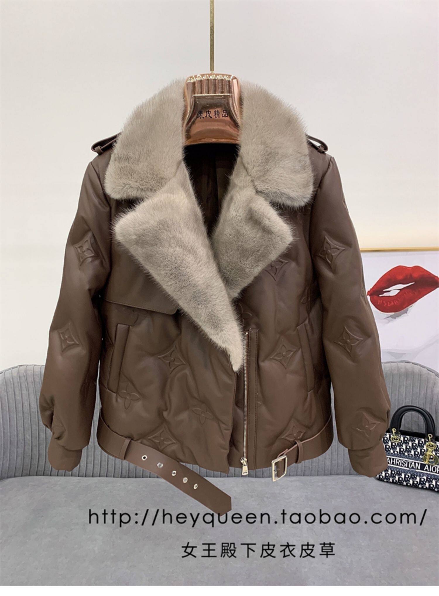 Кожаная куртка 2024年冬季新款真皮皮衣女短款羽绒外套加厚水貂毛领印花宽松显瘦