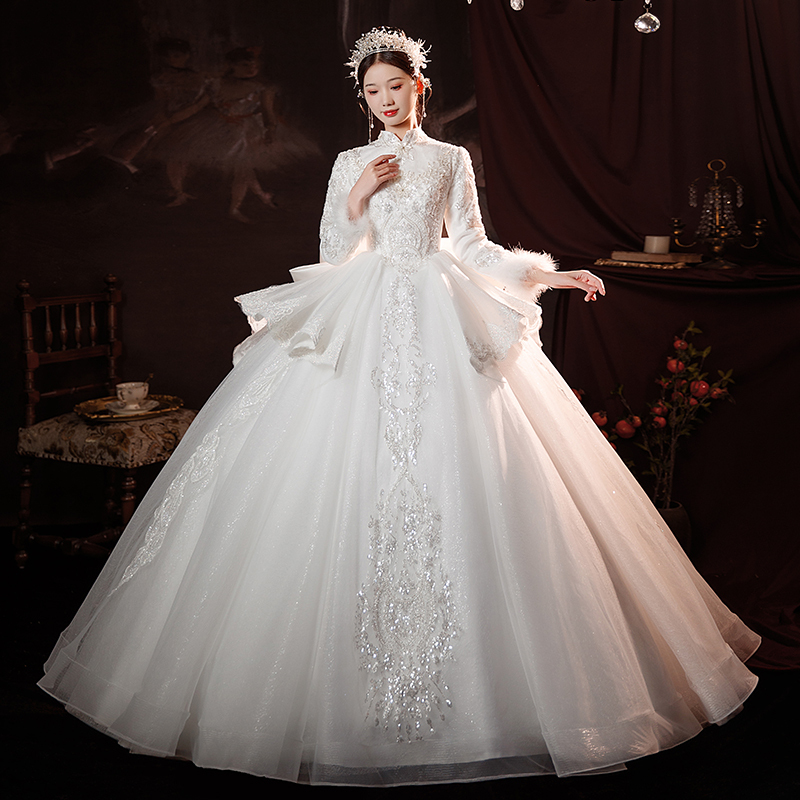 Main Wedding Dress 2025 New Style Bride's French Bow Long-Sleeve Autumn and Winter Cotton-Padded Thickened Warm Light Floor-Length Chinese Style