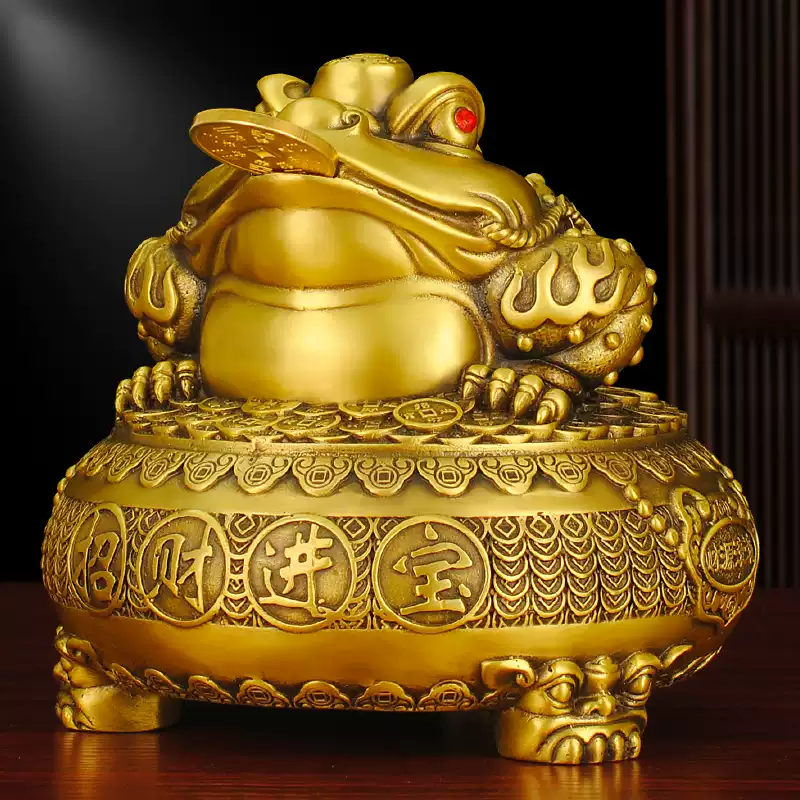 銅製 金蟾聚宝盆 招財進宝 蓋付 装飾品 工芸品 美術品 置物 黃銅聚寶盆金蟾招財擺件中式居家客廳旺財金蟾蜍大禮品