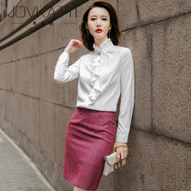 Fashion temperament professional suit female stand collar ruffle long sleeve shirt two-piece white collar work large size overalls