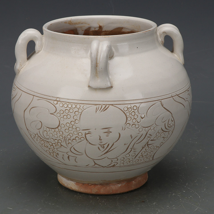 宋代磁州窑白釉珍珠点刻娃娃纹四系罐，复古装饰品的魅力何在？🎨-仿古