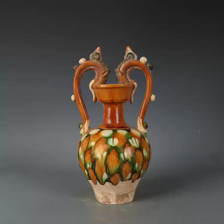 唐三彩双龙瓶古董古玩高古旧货唐代陶器收藏仿古瓷器民俗