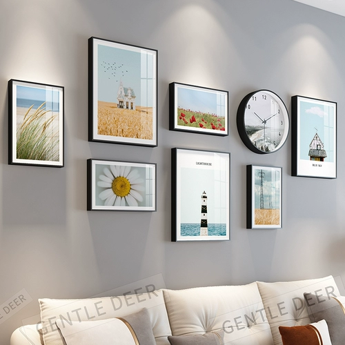 Современная минималистская гостиная декоративная живопись пейзажа картина диван фоновая картина стены.