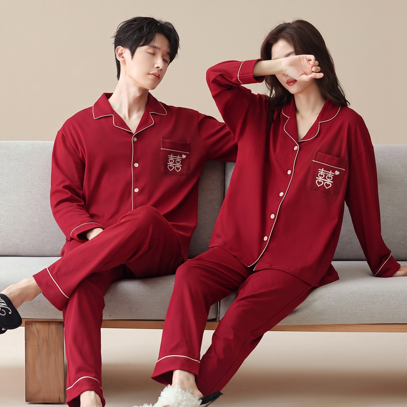 New Couple's Pajamas, Pure Cotton Long-Sleeved Spring and Autumn Newlywed Red Home Clothes, One Man and One Woman Engagement and Wedding Set New Couple's Pajamas, Pure Cotton Long-Sleeved Spring and Autumn Newlywed Red Home Clothes, One Man and One Woman Engagement and Wedding Set