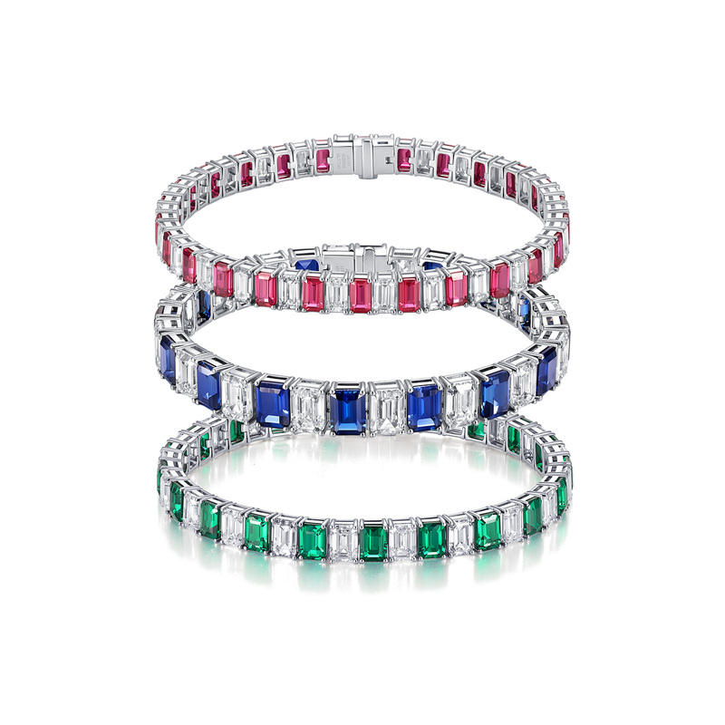 Qifan 18K Gold Cultured Diamond Bracelet with Emerald and White Diamond Spacer Gemstones, Light Luxury Full Diamond Tennis Bracelet Qifan 18K Gold Cultured Diamond Bracelet with Emerald and White Diamond Spacer Gemstones, Light Luxury Full Diamond Tennis Bracelet
