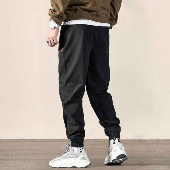 Black overalls sweatpants for men, spring fashion, versatile casual trousers, loose leggings and ankle trousers, spring and autumn trousers