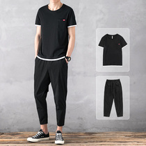 Mens short sleeve T-shirt suit 2021 new Korean version Trend Summer thin clothes pants Set of casual sports