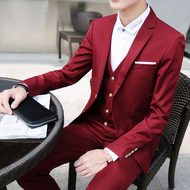 Bộ đồ vest nam Slim Hàn Quốc phiên bản chuyên nghiệp mặc mùa xuân và mùa thu Bộ đồ ba mảnh phù hợp với chú rể chú rể váy cưới suit nam