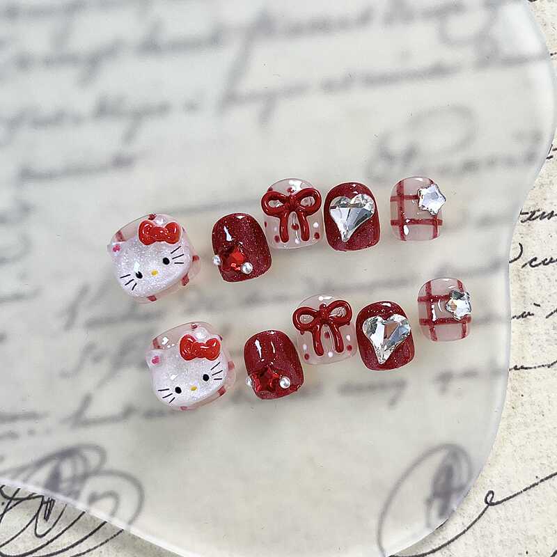 【Kitty Cat】Baby Children's Nail Stickers 3-12 Years Old Hello Kitty Children's Wearable Nails Red Short Style