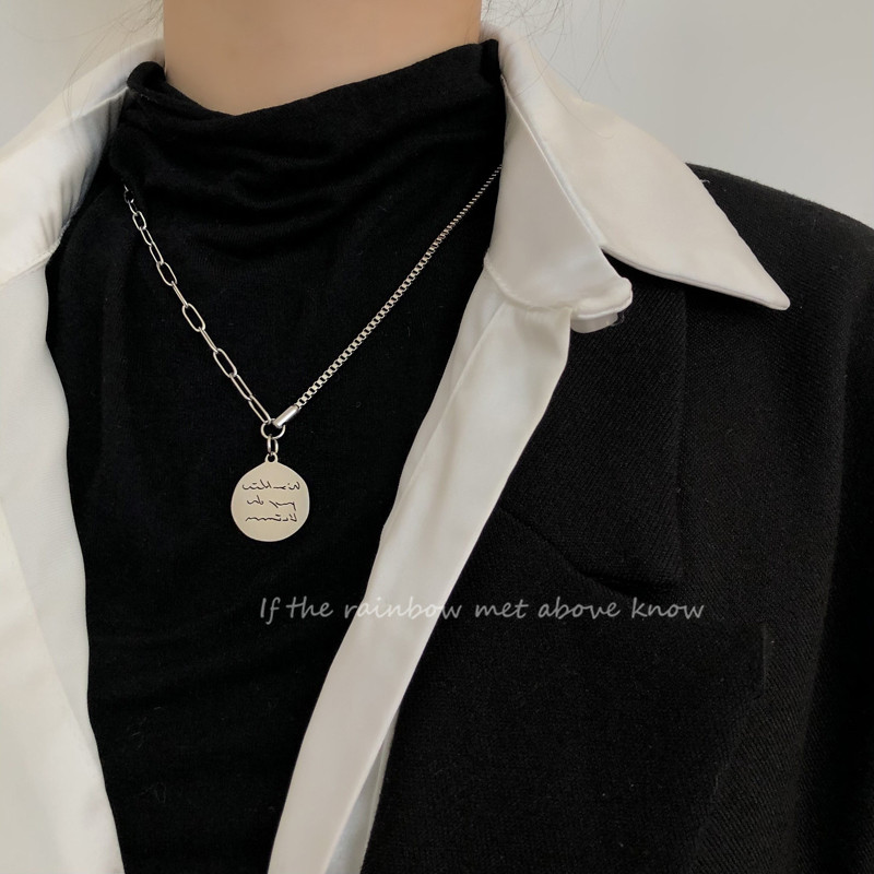 Titanium steel coin letter necklace Female clavicle hip Hop cold wind pendant Net red round brand snake bone chain does not fade tide brand