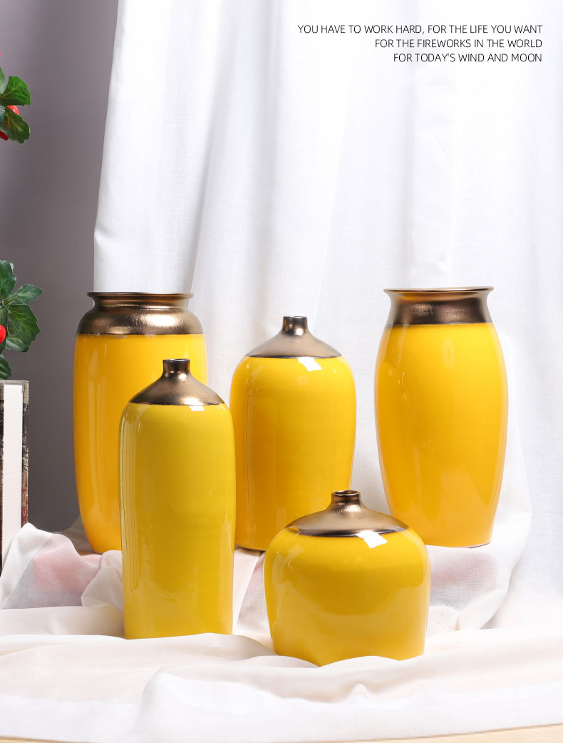 Pure color office Nordic light key-2 luxury furnishing articles yellow ceramics contracted vase set of sunflowers desktop decoration