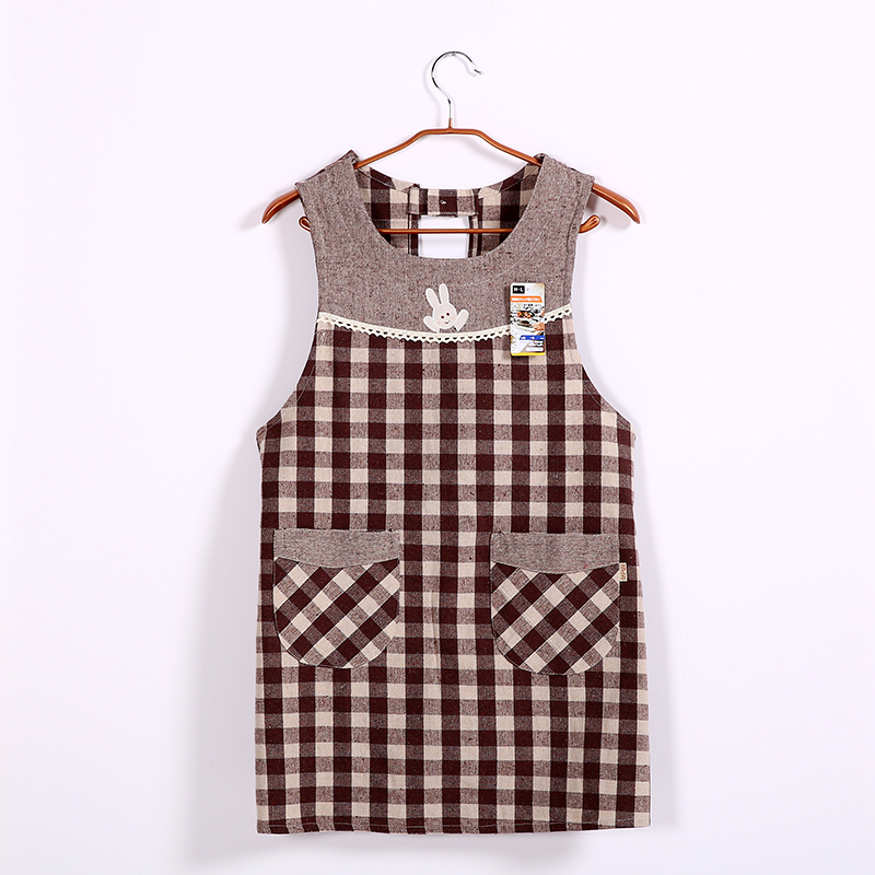 Day Style Thickened Cotton Hemp Cloth Art Plaid Apron At-home Kitchen Clean Cute Korean Version Hood Summer Coat Milk Tea Shop Exclusive