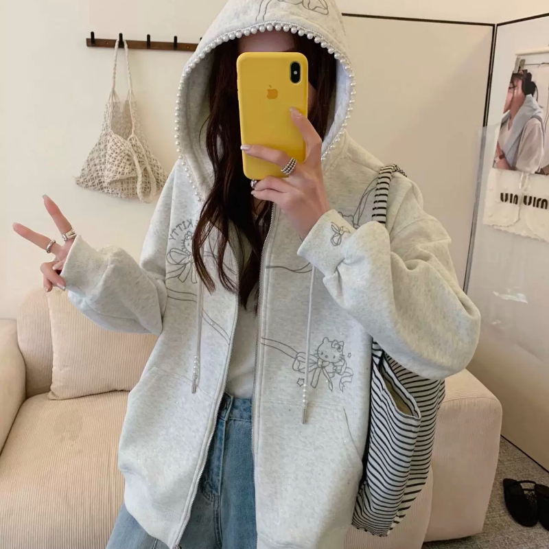 Korean High-Quality! Kitty Silver-Embellished Beaded Hooded Cardigan Women's Top, Spring Hot Item