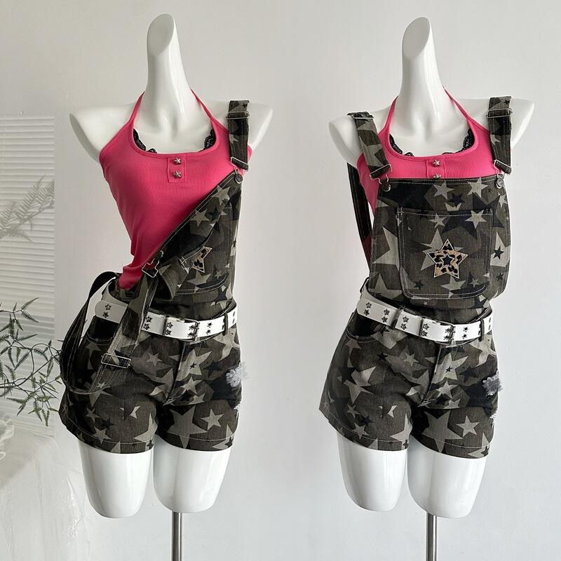Mumu Narcissus American Retro Heavy-Duty Camouflage Pocket Workwear Denim Shorts for Women Street Style Hot Pants Trendy