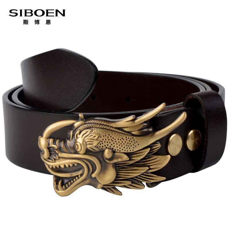 Leather Strap Male Leather Pure Copper Male Belt Head Layer Cow Leather Smooth Buckle No Mezzanine Hand Dragon Retro Durable Pants Strap