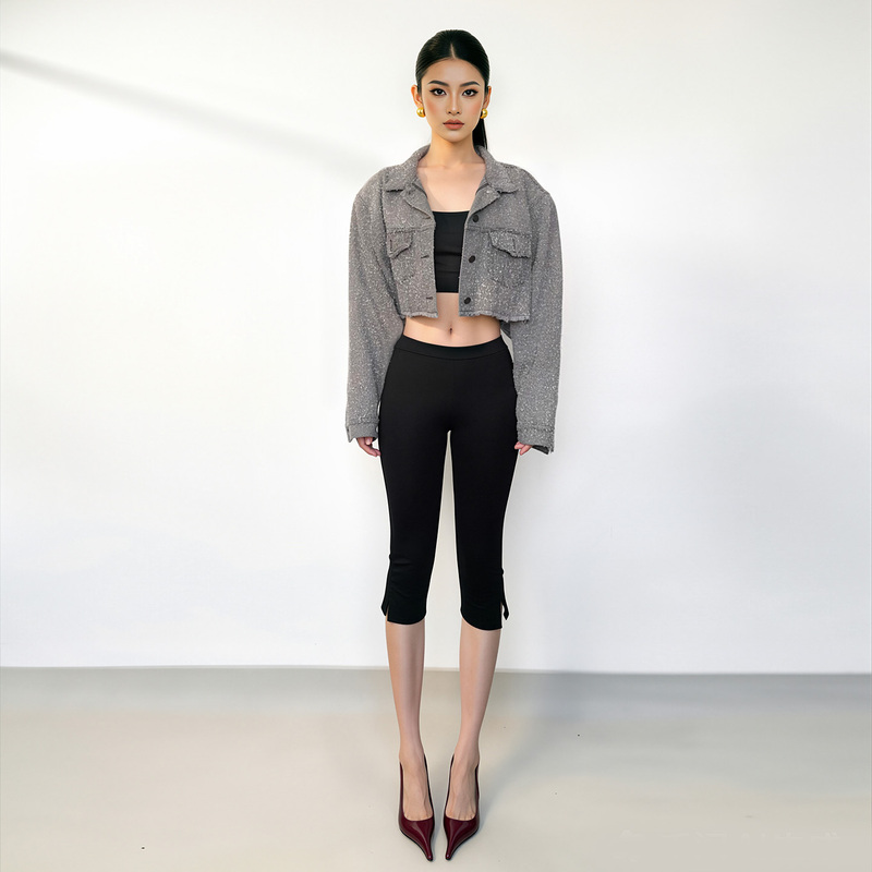 Yang Yang Black Capri Pants, Stretchy Mid-Length Pants for Women, Side Slit, Slimming, Cropped Pants, Low-Waisted, Fashionable Cycling Pants