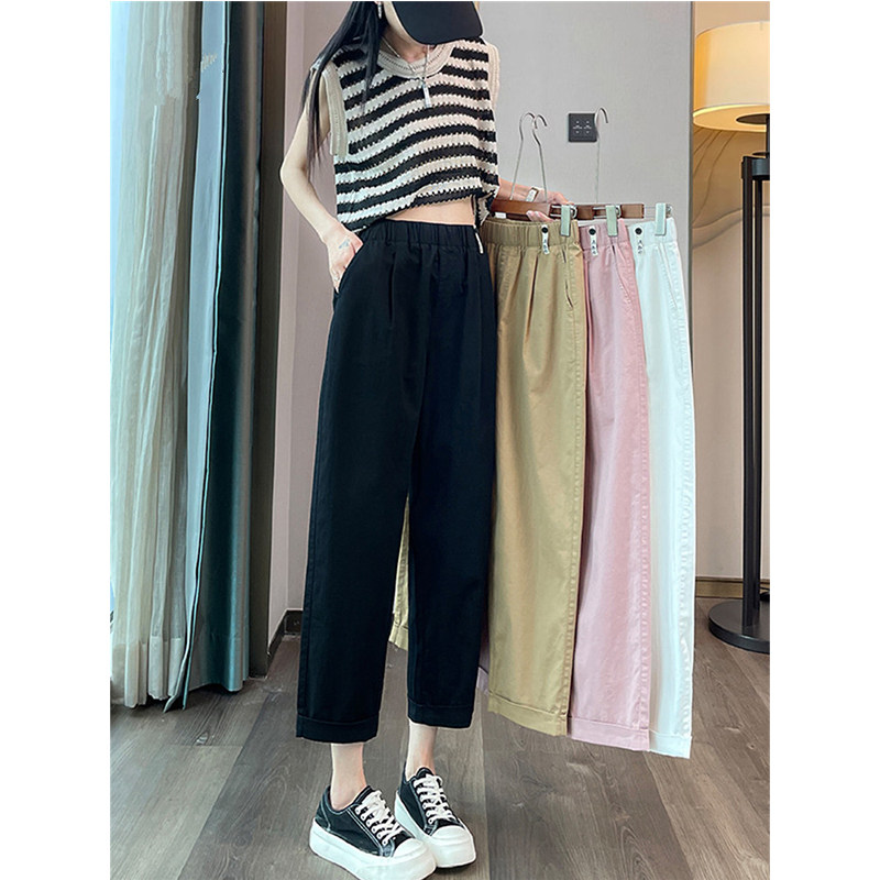 女性向けの売れ筋万能カジュアルパンツ、新しい夏スタイル、ハイウエスト、スリムに見える、ウォッシュドコットン、九分丈アイスシルクハーレムパンツ、ダッドパンツ。