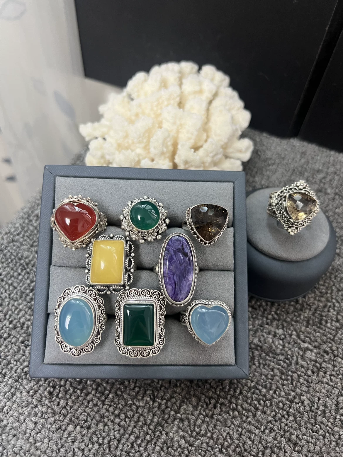 Import stone inlay wax agate, sapphire agate retro tea, ring, silver 925 sample
