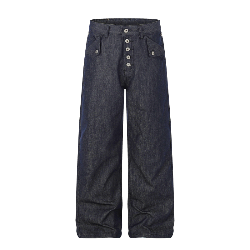 Rickone Five-Button Placket A-Line Raw Denim Pants Loose Straight Wide-Leg Jeans