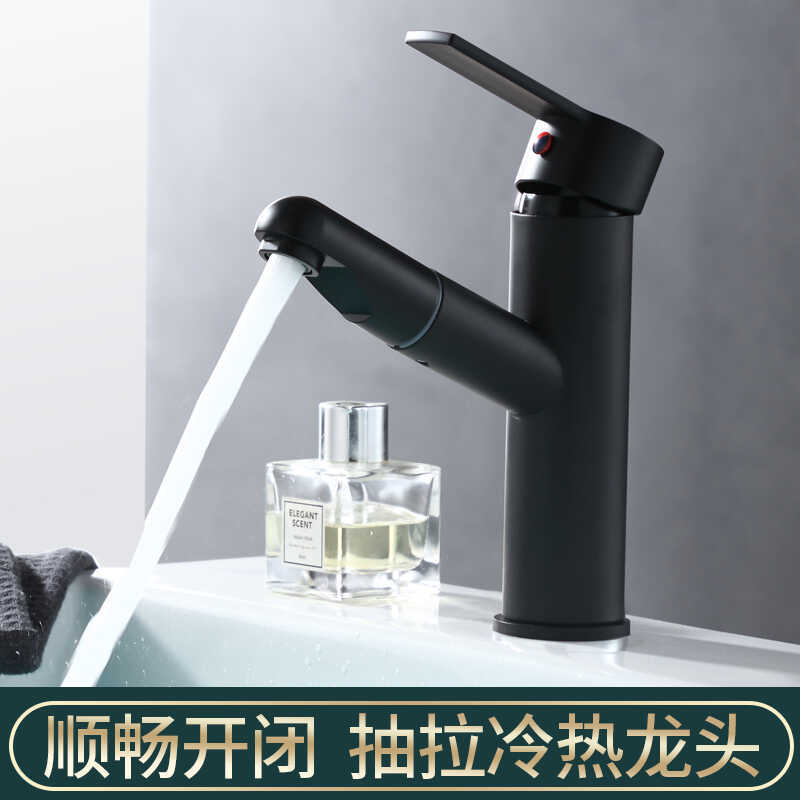 Black and Silver Pull-Out Hot and Cold Water Faucet Bathroom Basin Faucet Retractable Stainless Steel Sink Faucet