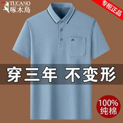 Woodpecker Summer Mercerized Cotton Short-Sleeved T-Shirt Men's Loose Half-Sleeved T-Shirt Ice Silk Thin Pure Cotton Lapel Polo Shirt t
