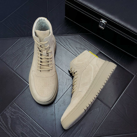 手工2022新款百搭战狼靴男马丁靴男工装靴中帮卡其色磨砂高帮靴子