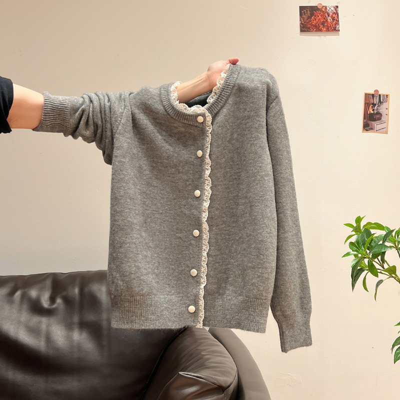 Gray Round-Neck Lace Knit Cardigan for Women, Long-Sleeve Button-Up Sweater Coat, Autumn and Winter Casual Inner Layer Top