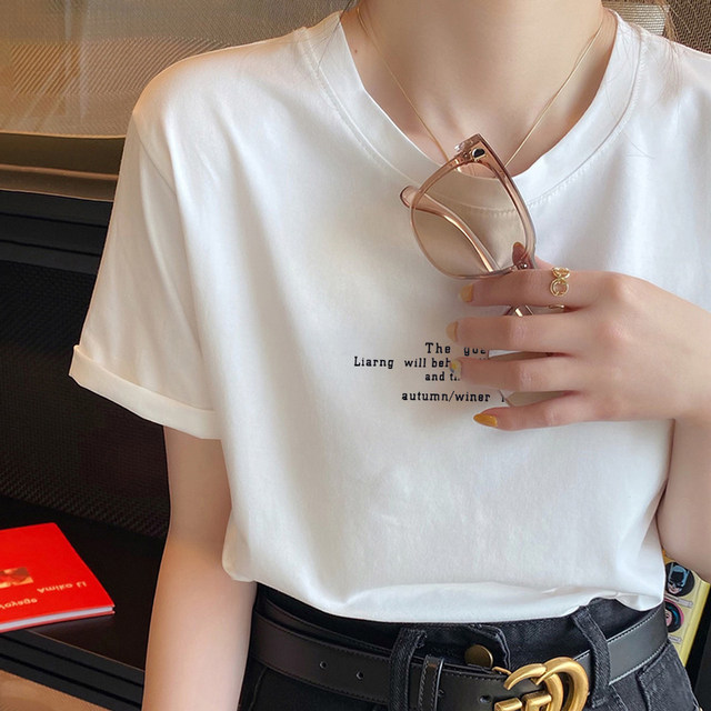 Letter short-sleeved t-shirt women's summer 2023 new half-sleeved loose cotton white ins tide round neck T-shirt top