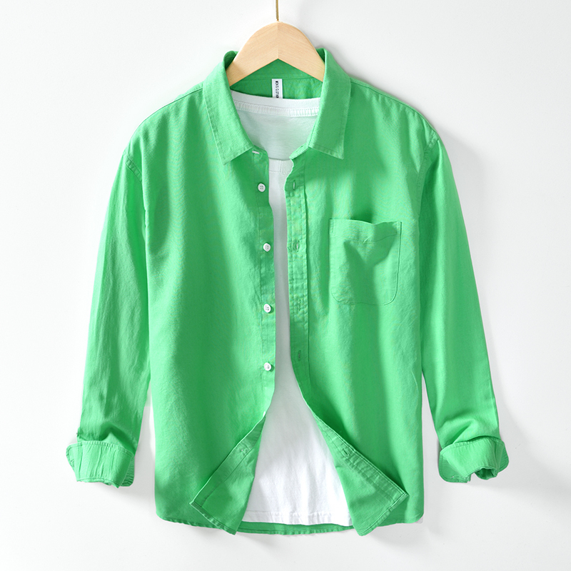 Bright Green Casual Linen Shirt for Men, Spring and Autumn, Simple, Loose, Breathable, Washed Cotton-Linen Material, Long-Sleeved Men's Shirt