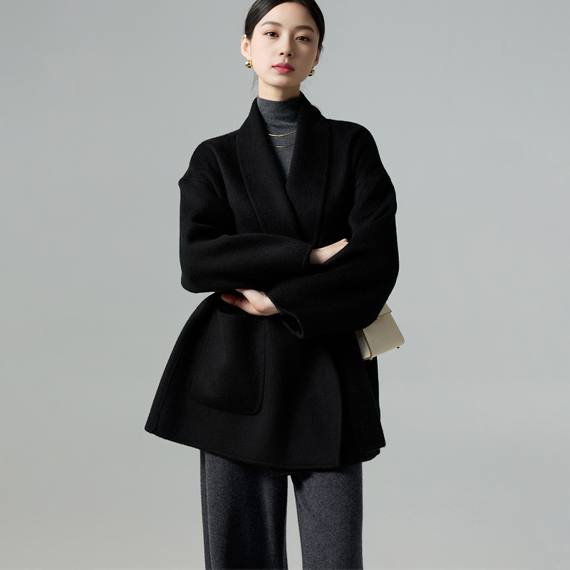 Black Short Waist-Cinching Double-Sided Cashmere Coat for Women 2025 Autumn and Winter Korean Style Bathrobe Style High-End Wool Coat