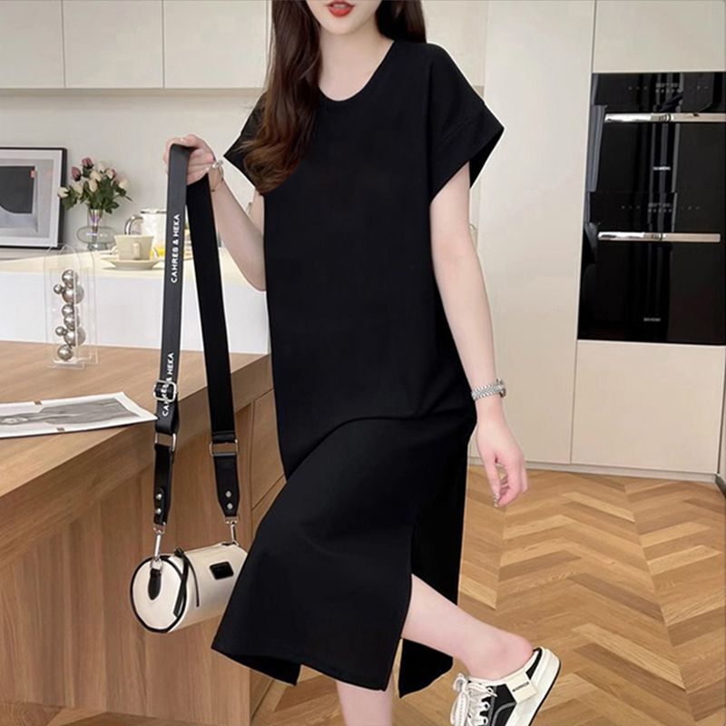 Korean-Style Flutter-Sleeve Plus-Size Dress, Loose, Casual, Versatile, Slit, Over-The-Knee, Lazy Long Dress, 2025 Summer New Style Korean-Style Flutter-Sleeve Plus-Size Dress, Loose, Casual, Versatile, Slit, Over-The-Knee, Lazy Long Dress, 2025 Summer New Style