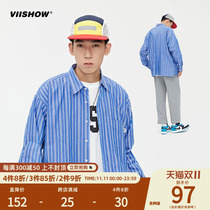 VIISHOW vertical striped shirt man trendy cityboy button blue long sleeve wearing loose wild coat