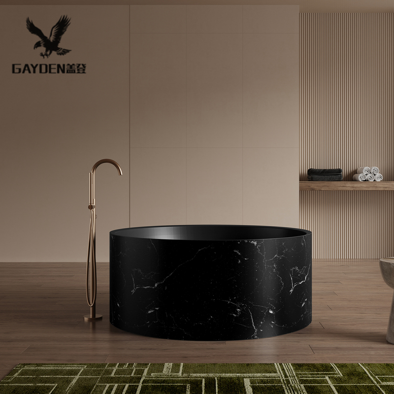 Italian-Style Minimalist Round Freestanding Bathtub with Black and Silver Marble Pattern for Home Bathroom, Black Round Tub Floor-Standing Soaking Bathtub Italian-Style Minimalist Round Freestanding Bathtub with Black and Silver Marble Pattern for Home Bathroom, Black Round Tub Floor-Standing Soaking Bathtub