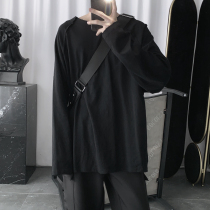 Mr. Short solid color long sleeve T-shirt mens autumn hem cut design sense loose round neck casual simple top