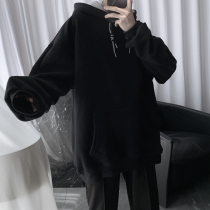 Mr. Short black plus velvet padded hooded sweater men Korean pullover loose casual long sleeve V neck coat ins