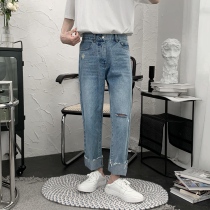 Mr. Daisy embroidered hole jeans mens loose straight tube trend Korean version of Joker trousers casual pants