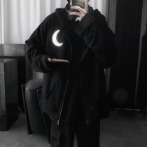 Mr. Short Print Hooded Sweater Mens Autumn and Winter Loose Korean Reflective Moon Long Sleeve Black Cardigan Jacket