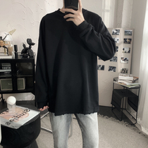 Mr. Short black hole round neck sweater men autumn and winter loose Tide brand solid color base shirt T-shirt couple coat