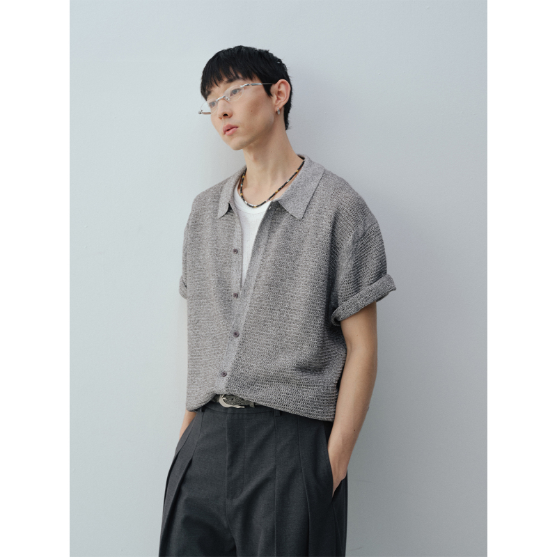 Limpidoculus Japanese Imported Washi Knitted Hollow Texture Linen Blend T-Shirt Polo Short-Sleeve Shirt
