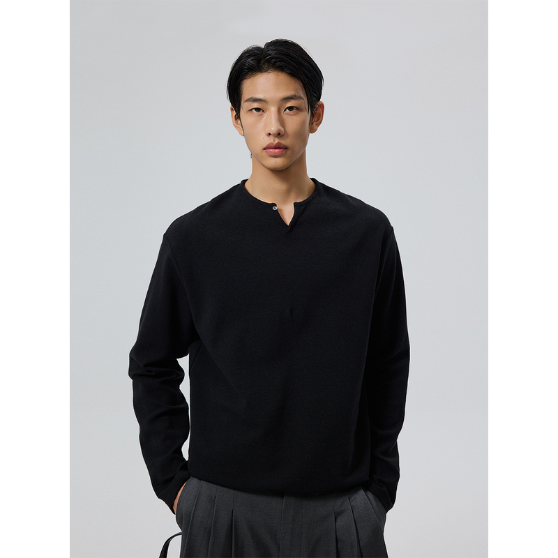 Limpidoculus Two-Tone Towel Texture Blended Cotton Single-Button Shell Button Knit Long-Sleeve Tee