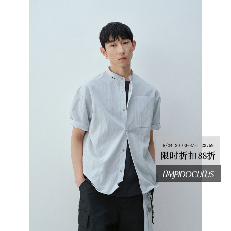 Limpidoculus Two-Tone Tencel Blend Waxed Washed Faded Stand Collar Tie Short-Sleeve Shirt