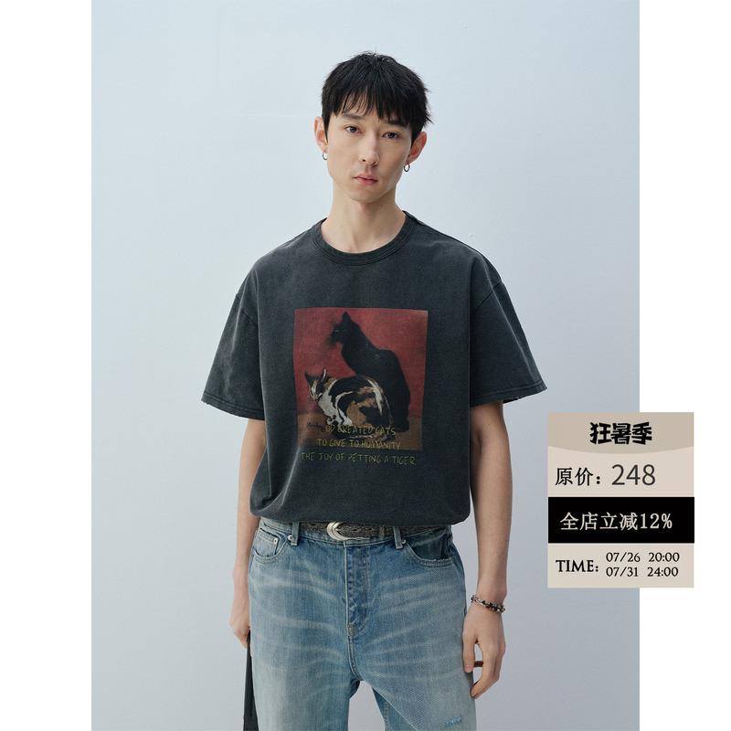 Limpidoculus Xinjiang Cotton White Ink Direct-Printed Washed Vintage Distressed Cat Print Crew Neck Short-Sleeve T-Shirt Tee Limpidoculus Xinjiang Cotton White Ink Direct-Printed Washed Vintage Distressed Cat Print Crew Neck Short-Sleeve T-Shirt Tee