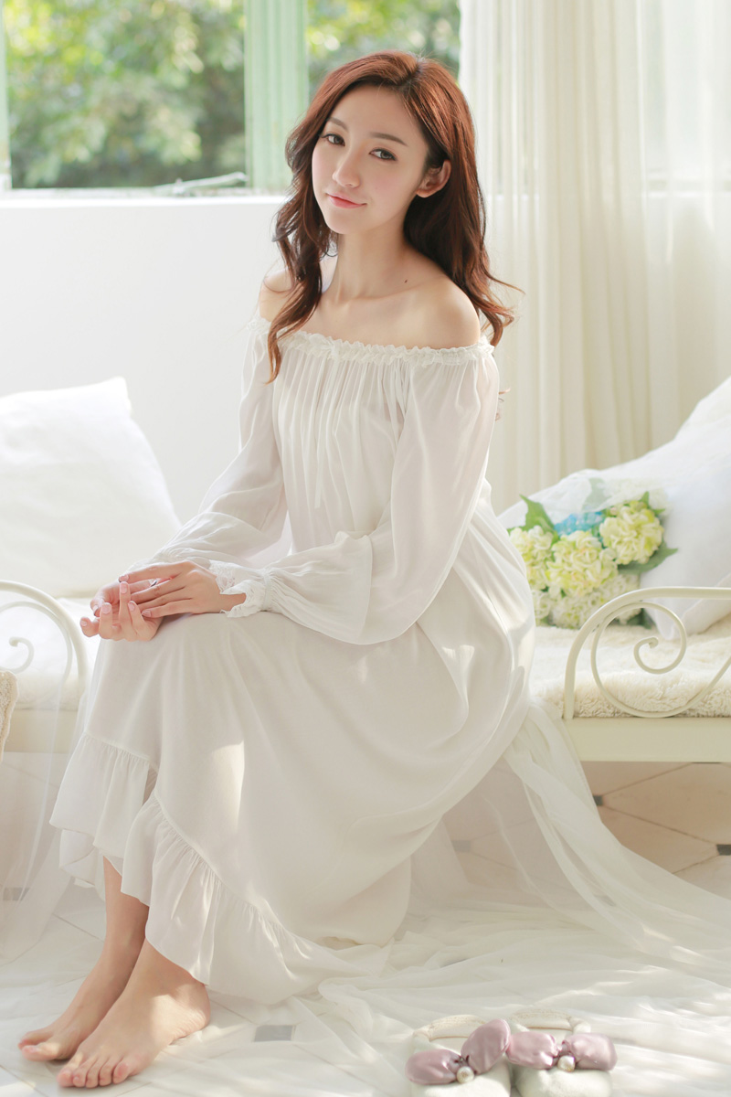 ROSE TREE nữ tính bầu không khí cotton công chúa tòa nightdress thứ hai trắng vẻ đẹp cotton retro nightdress