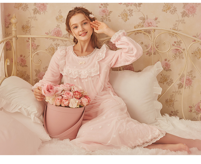 ROSETREE tòa retro váy ngủ nữ mùa thu và mùa đông dày lông cừu san hô dài tay công chúa đồ ngủ flannel dịch vụ nhà đồ bộ mặc nhà cao cấp