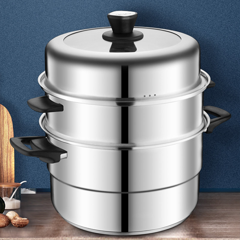 Esther steamer household large capacity induction cooker gas general purpose three-layer steamer cage 304 stainless steel thick 34cm