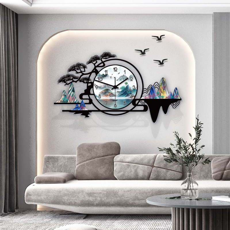 New Chinese style watches and clocks hung in the living room mute wall decoration landscape Chinese wind modern minimalist clock fashion home