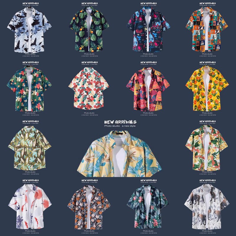 Malaysian Exotic Floral Shirts for Men, Short-Sleeved Couple Shirts for Men and Women, Half-Sleeved Shirts for Beach Vacations in Hawaii