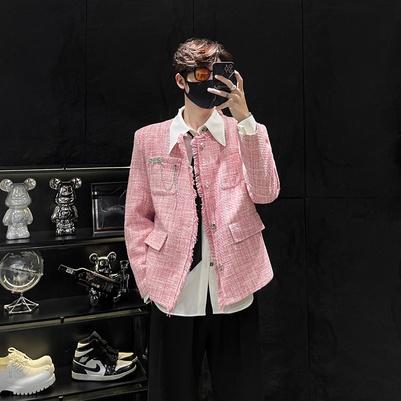 Homme Pink Chanel-Style Fringe Padded Shoulder Jacket for Men, Tweed Woven High-End Luxurious Coat